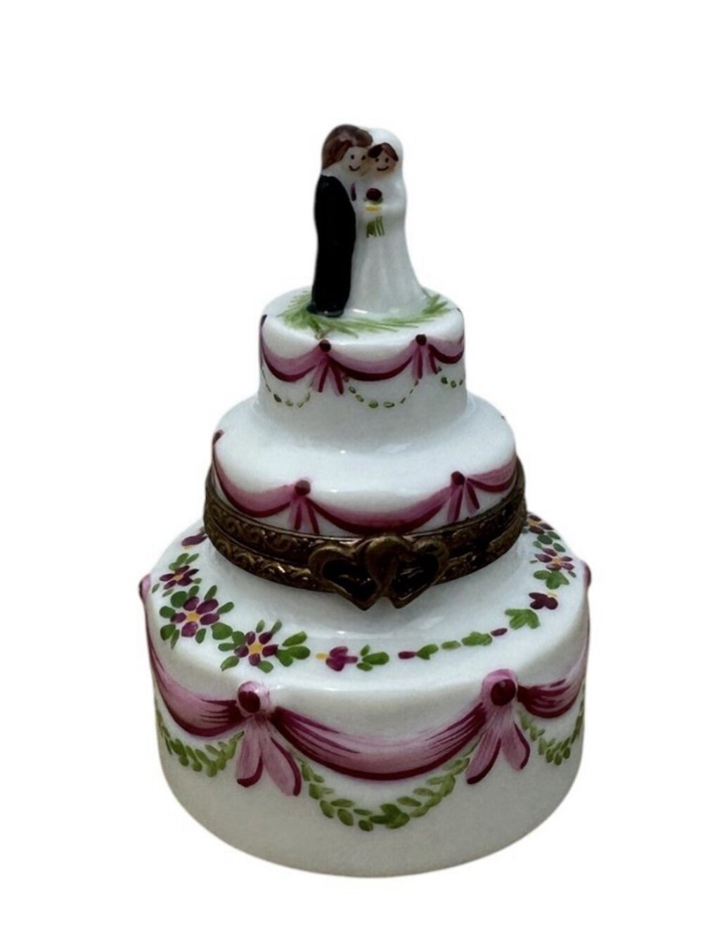 Vintage Limoges France PH Hand Painted 3 Tier Wedding Cake Porcelain Trinket Box